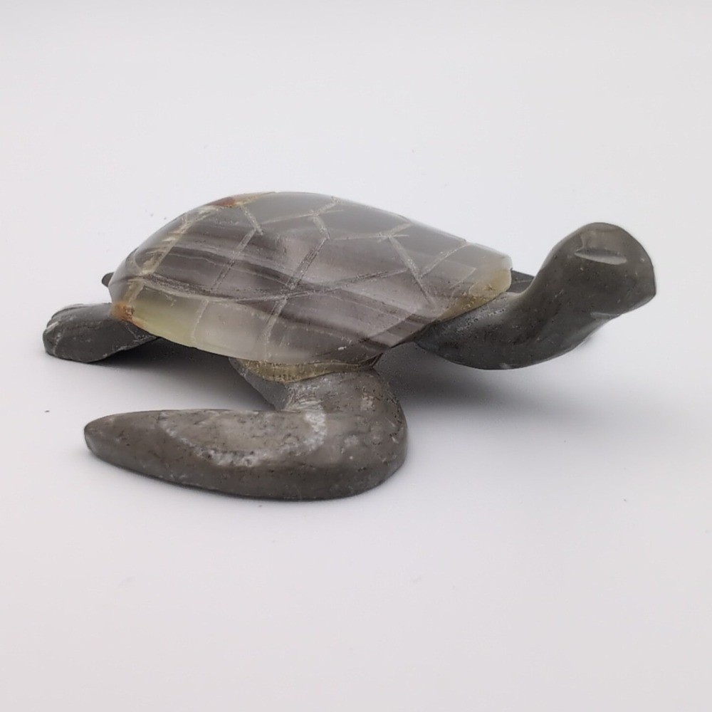 Vintage Carved Onyx Stone Turtle Figurine Etched Shell Miniature 3" Coastal Sea